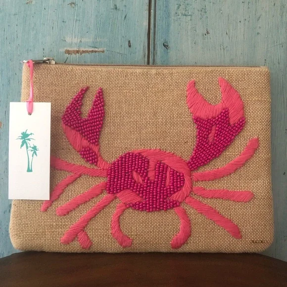 Beaded 2-tone pink crab on tan-colored linen-like fabric clutch bag by Spartina - Picture 3 of 11